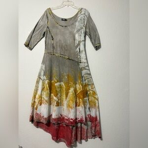 Unique Art of Cloth, Handmade, One of a Kind Asymmetrical Midi Dress. 3/4 Sleeve